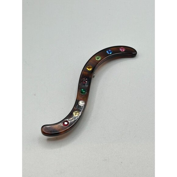 Vintage Celluloid Squiggle Shaped Pin Brooch Rhinestones Brown Early Plastic Pin - Picture 3 of 7